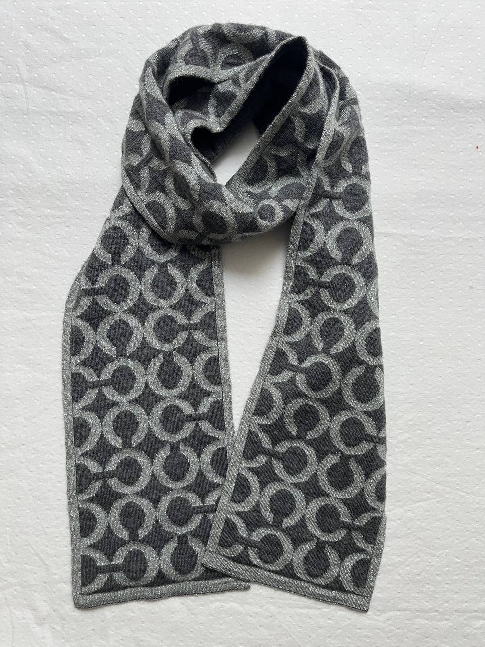 COACH Charcoal Grey Metallic Signature C Logo Knit Merino Wool Winter Scarf